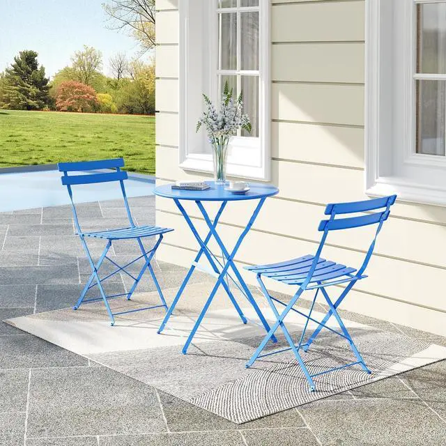 Alt view image 6 of 7 - 3 Piece Folding Bistro Table and Chairs Set, Sturdy Metal Frame Waterproof UV Resistant Patio Furniture, No Assembly Portable Foldable Dining Set for Indoor Outdoor Balcony Yard Garden, Blue