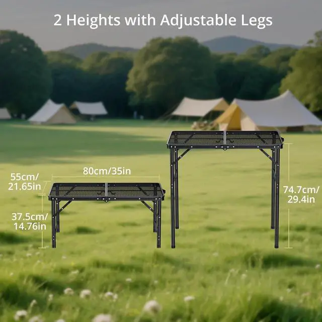 Alt view image 3 of 7 - 31" X 22" Portable Folding Grill Table with 2 Adjustable Heights, Heat-Resistant Iron Mesh Top, Sturdy Aluminum Frame for Outdoor BBQ Camping Patio