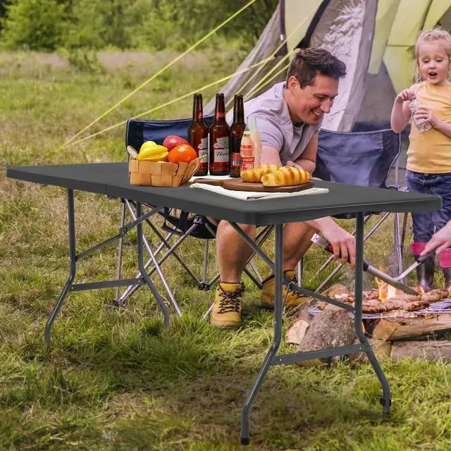 Alt view image 2 of 7 - 6FT Fold-in-Half Portable Folding Table, 71" L x 29" W, Stain Resistant Plastic Top with Carry Handle, for Indoor Outdoor Parties Backyard Events