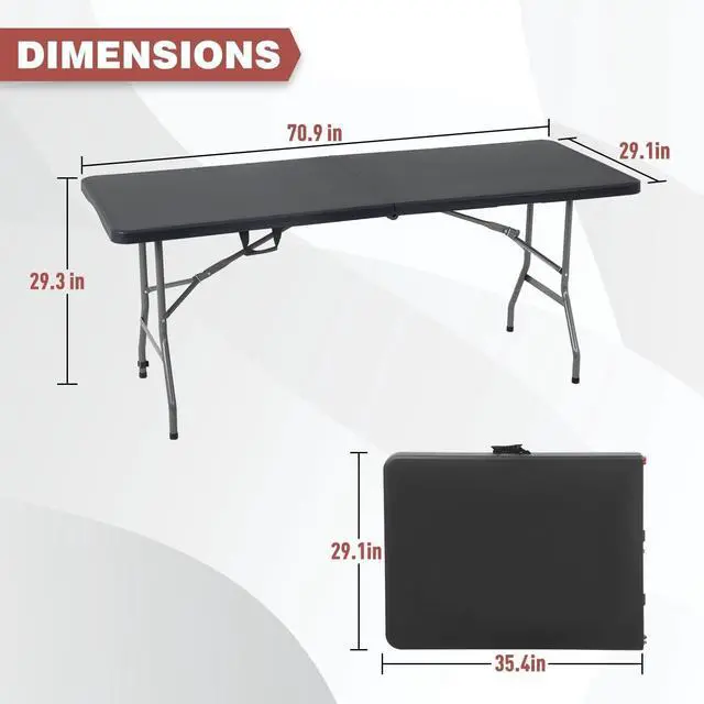 Alt view image 3 of 7 - 6FT Fold-in-Half Portable Folding Table, 71" L x 29" W, Stain Resistant Plastic Top with Carry Handle, for Indoor Outdoor Parties Backyard Events