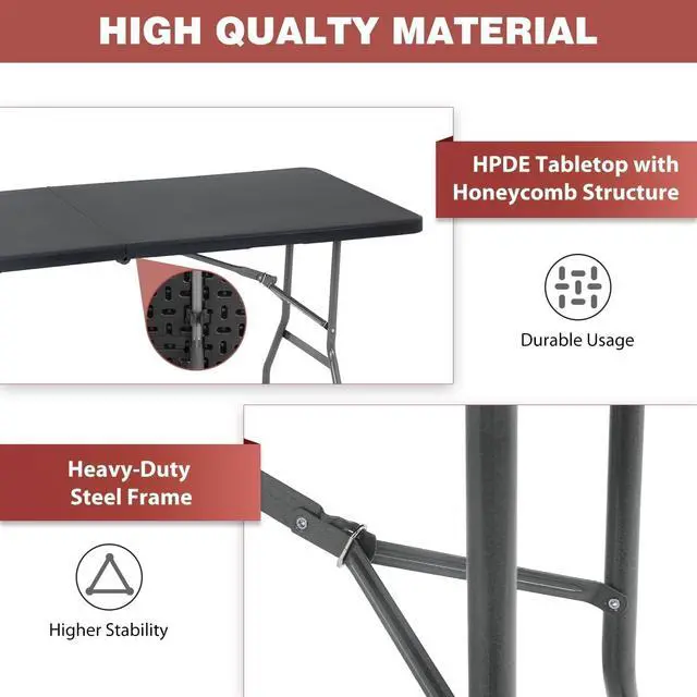 Alt view image 5 of 7 - 6FT Fold-in-Half Portable Folding Table, 71" L x 29" W, Stain Resistant Plastic Top with Carry Handle, for Indoor Outdoor Parties Backyard Events