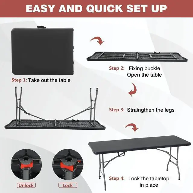Alt view image 6 of 7 - 6FT Fold-in-Half Portable Folding Table, 71" L x 29" W, Stain Resistant Plastic Top with Carry Handle, for Indoor Outdoor Parties Backyard Events