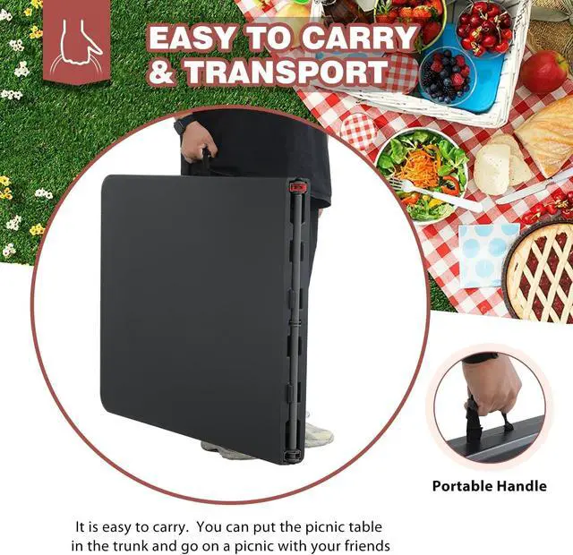 Alt view image 7 of 7 - 6FT Fold-in-Half Portable Folding Table, 71" L x 29" W, Stain Resistant Plastic Top with Carry Handle, for Indoor Outdoor Parties Backyard Events
