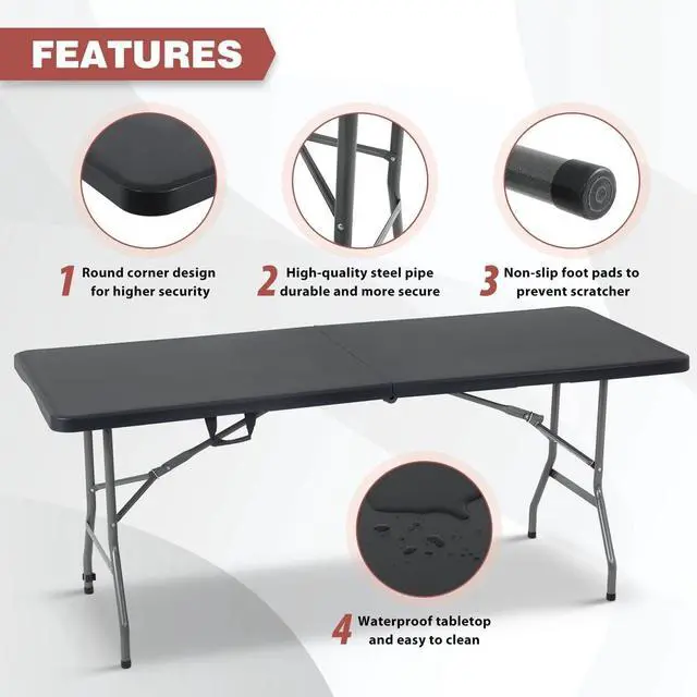 Alt view image 4 of 7 - 6FT Fold-in-Half Portable Folding Table, 71" L x 29" W, Stain Resistant Plastic Top with Carry Handle, for Indoor Outdoor Parties Backyard Events