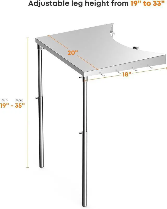 Alt view image 3 of 7 - Stainless Steel Grill Side Work Table with Adjustable Legs and Tool Hooks, Compatible with 18" 22" Charcoal Kettle Grills