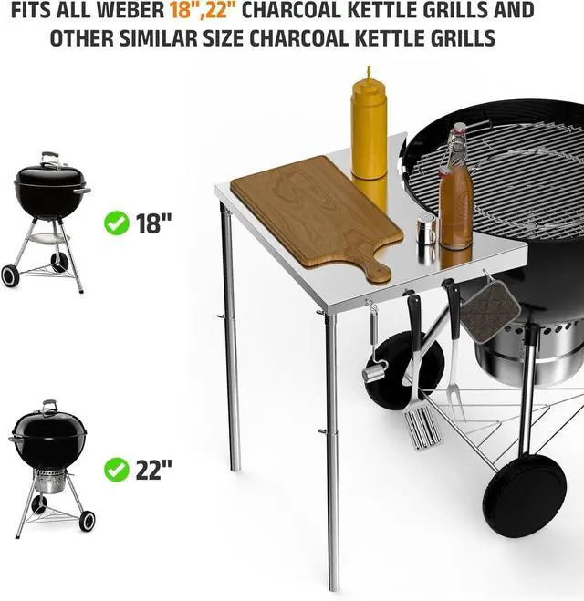 Alt view image 2 of 7 - Stainless Steel Grill Side Work Table with Adjustable Legs and Tool Hooks, Compatible with 18" 22" Charcoal Kettle Grills