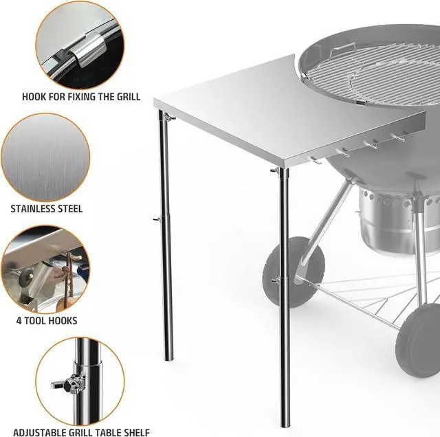 Alt view image 4 of 7 - Stainless Steel Grill Side Work Table with Adjustable Legs and Tool Hooks, Compatible with 18" 22" Charcoal Kettle Grills