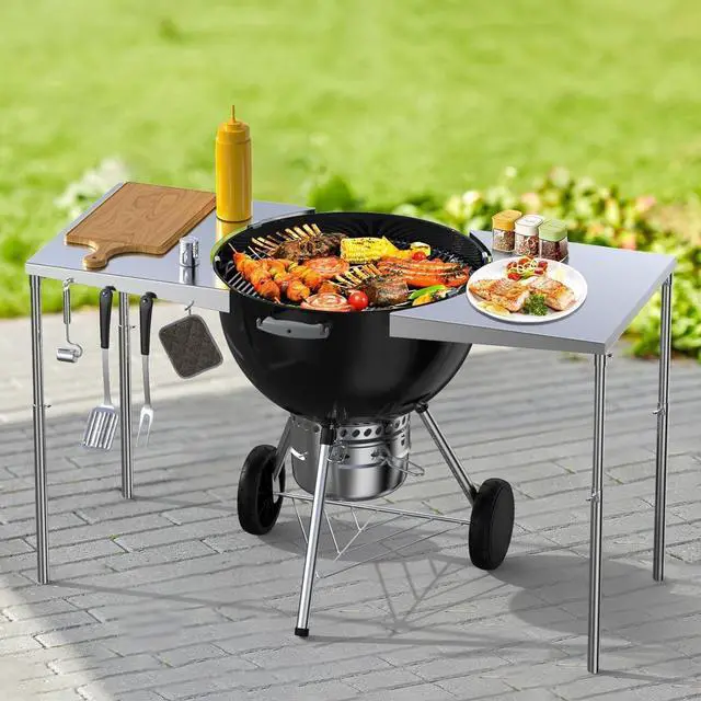 Alt view image 5 of 7 - Stainless Steel Grill Side Work Table with Adjustable Legs and Tool Hooks, Compatible with 18" 22" Charcoal Kettle Grills