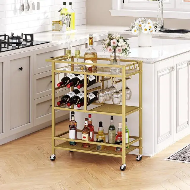 Alt view image 3 of 7 - 3-Tier Rolling Bar Cart with Wheels and Handle, Modern Serving Cart with Wine Rack and Glass Holders, Mobile Beverage Cart for Kitchen Dining Room Living Room Gold Finish