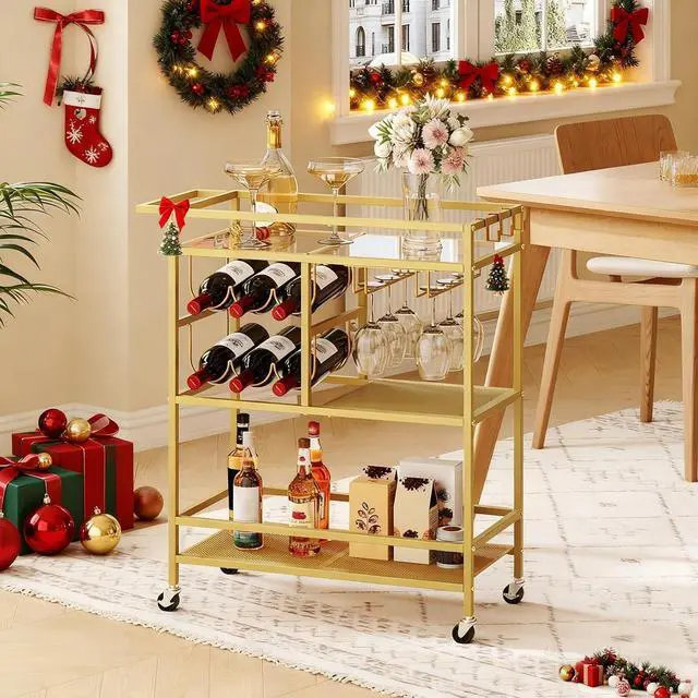 Alt view image 2 of 7 - 3-Tier Rolling Bar Cart with Wheels and Handle, Modern Serving Cart with Wine Rack and Glass Holders, Mobile Beverage Cart for Kitchen Dining Room Living Room Gold Finish