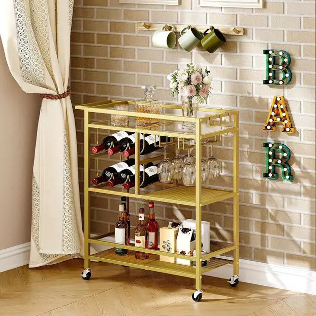 Alt view image 4 of 7 - 3-Tier Rolling Bar Cart with Wheels and Handle, Modern Serving Cart with Wine Rack and Glass Holders, Mobile Beverage Cart for Kitchen Dining Room Living Room Gold Finish