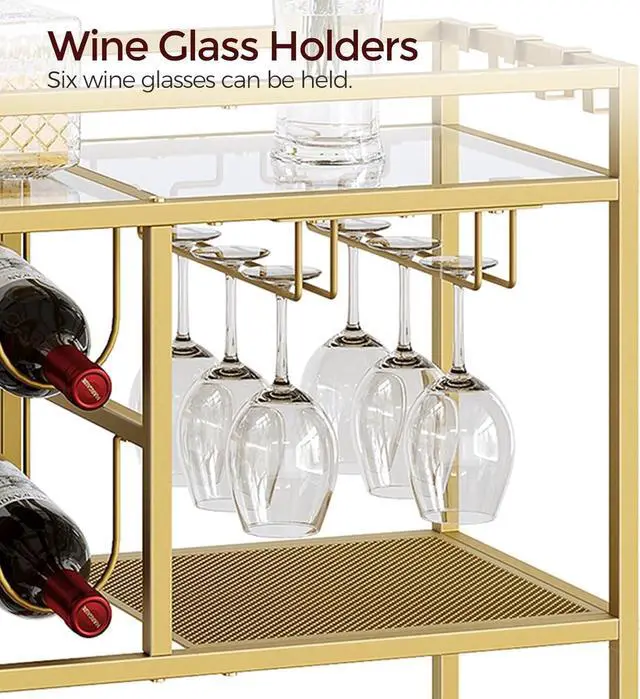 Alt view image 6 of 7 - 3-Tier Rolling Bar Cart with Wheels and Handle, Modern Serving Cart with Wine Rack and Glass Holders, Mobile Beverage Cart for Kitchen Dining Room Living Room Gold Finish