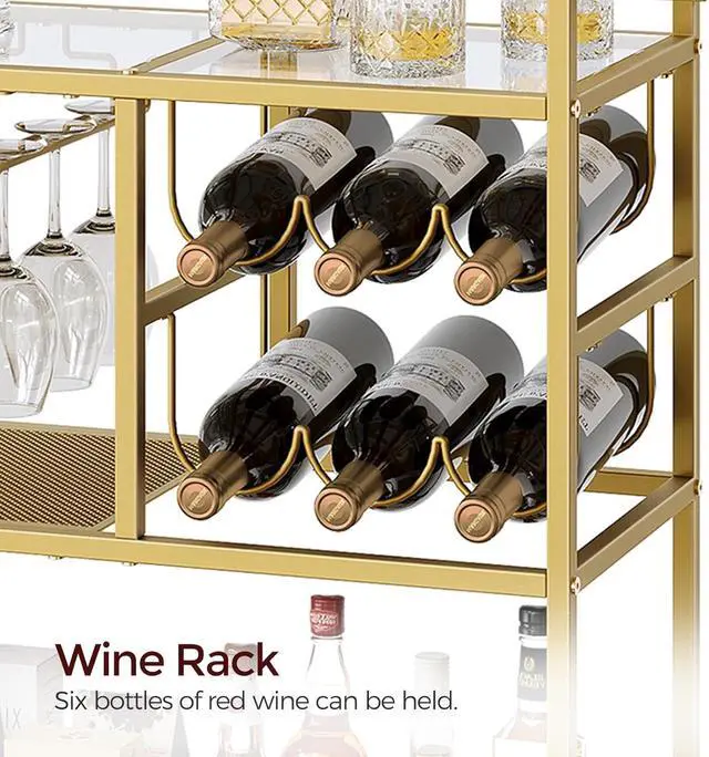 Alt view image 5 of 7 - 3-Tier Rolling Bar Cart with Wheels and Handle, Modern Serving Cart with Wine Rack and Glass Holders, Mobile Beverage Cart for Kitchen Dining Room Living Room Gold Finish