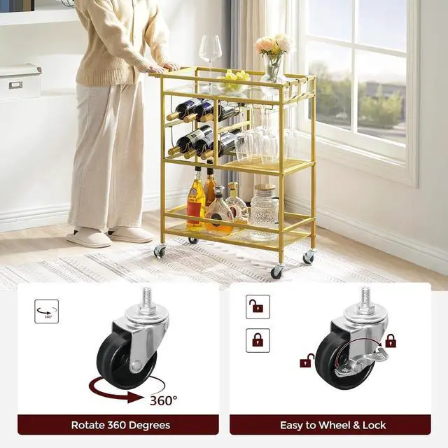Alt view image 7 of 7 - 3-Tier Rolling Bar Cart with Wheels and Handle, Modern Serving Cart with Wine Rack and Glass Holders, Mobile Beverage Cart for Kitchen Dining Room Living Room Gold Finish