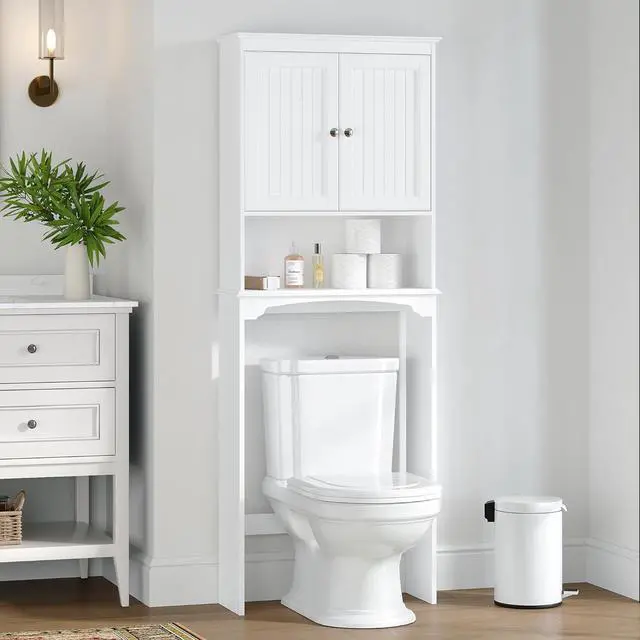 Main image of White Over Toilet Storage Cabinet, Engineered Wood Bathroom Organizer with Beadboard Doors, Adjustable Inner Shelf, Open Bottom Shelf and Anti-Tip Wall Hardware Space Saver