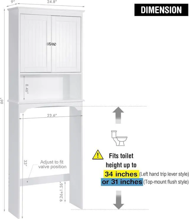 Alt view image 2 of 7 - White Over Toilet Storage Cabinet, Engineered Wood Bathroom Organizer with Beadboard Doors, Adjustable Inner Shelf, Open Bottom Shelf and Anti-Tip Wall Hardware Space Saver