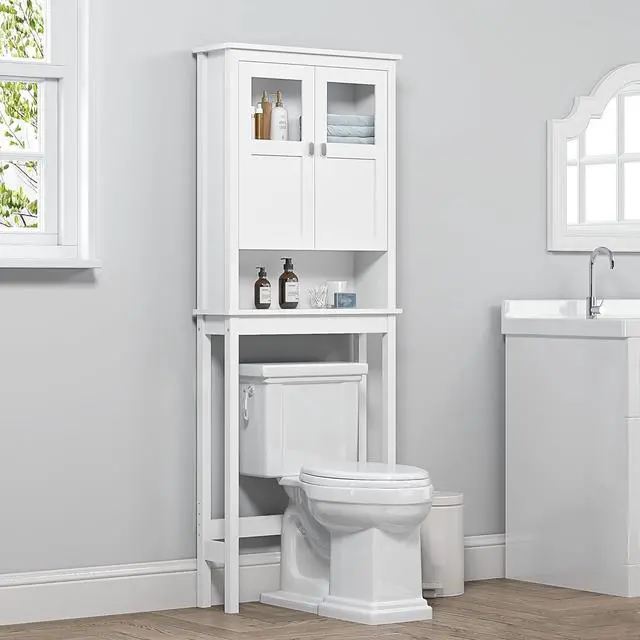 Main image of Modern Over-Toilet Storage Cabinet with Tempered Glass Doors, Adjustable Shelf and Anti-Tip Device, Wooden Space-Saving Bathroom Organizer for Tight Spaces White