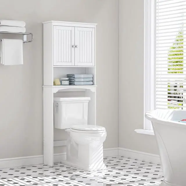 Alt view image 3 of 7 - White Over Toilet Storage Cabinet, Engineered Wood Bathroom Organizer with Beadboard Doors, Adjustable Inner Shelf, Open Bottom Shelf and Anti-Tip Wall Hardware Space Saver