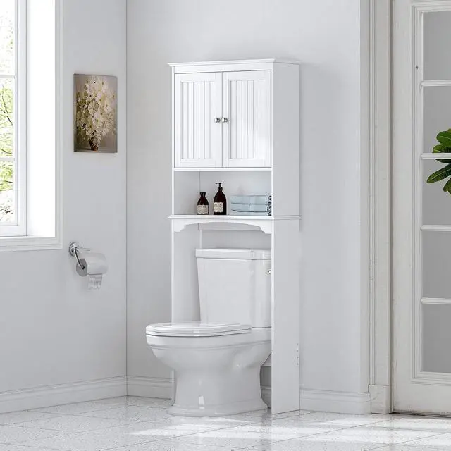 Alt view image 4 of 7 - White Over Toilet Storage Cabinet, Engineered Wood Bathroom Organizer with Beadboard Doors, Adjustable Inner Shelf, Open Bottom Shelf and Anti-Tip Wall Hardware Space Saver