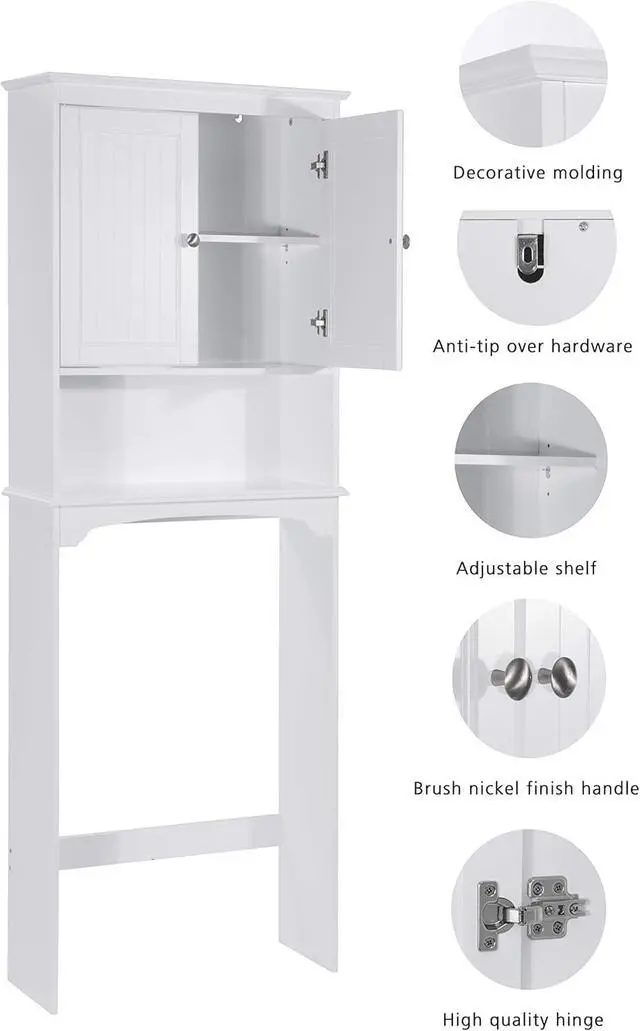 Alt view image 5 of 7 - White Over Toilet Storage Cabinet, Engineered Wood Bathroom Organizer with Beadboard Doors, Adjustable Inner Shelf, Open Bottom Shelf and Anti-Tip Wall Hardware Space Saver