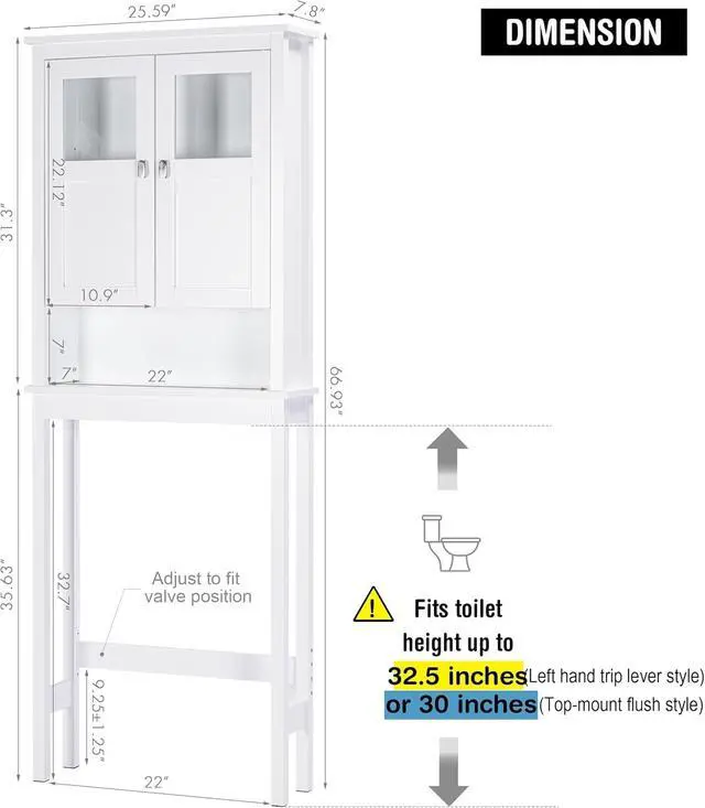 Alt view image 2 of 7 - Modern Over-Toilet Storage Cabinet with Tempered Glass Doors, Adjustable Shelf and Anti-Tip Device, Wooden Space-Saving Bathroom Organizer for Tight Spaces White