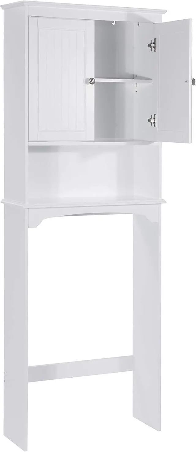 Alt view image 6 of 7 - White Over Toilet Storage Cabinet, Engineered Wood Bathroom Organizer with Beadboard Doors, Adjustable Inner Shelf, Open Bottom Shelf and Anti-Tip Wall Hardware Space Saver