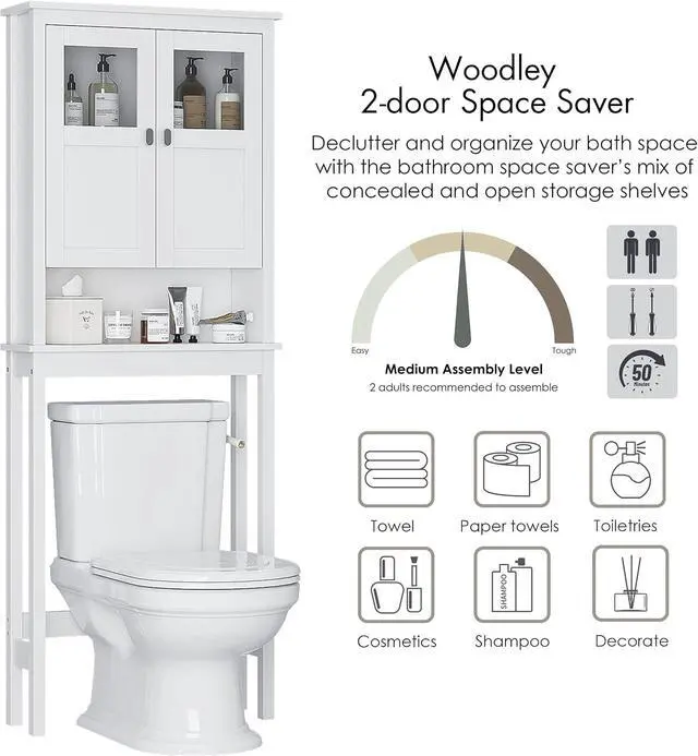 Alt view image 6 of 7 - Modern Over-Toilet Storage Cabinet with Tempered Glass Doors, Adjustable Shelf and Anti-Tip Device, Wooden Space-Saving Bathroom Organizer for Tight Spaces White