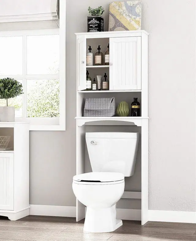 Alt view image 7 of 7 - White Over Toilet Storage Cabinet, Engineered Wood Bathroom Organizer with Beadboard Doors, Adjustable Inner Shelf, Open Bottom Shelf and Anti-Tip Wall Hardware Space Saver