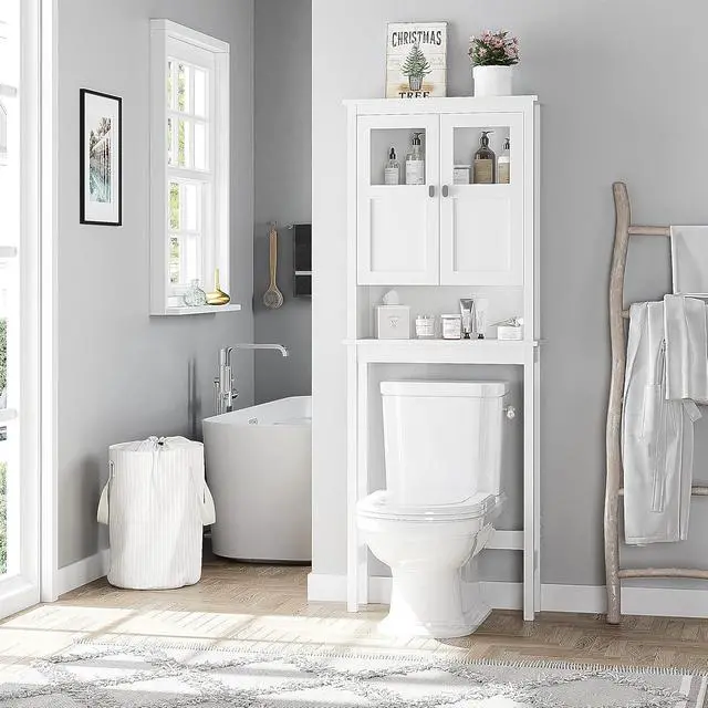Alt view image 3 of 7 - Modern Over-Toilet Storage Cabinet with Tempered Glass Doors, Adjustable Shelf and Anti-Tip Device, Wooden Space-Saving Bathroom Organizer for Tight Spaces White
