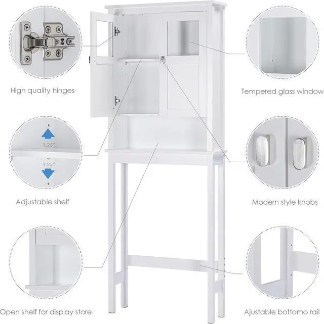 Alt view image 5 of 7 - Modern Over-Toilet Storage Cabinet with Tempered Glass Doors, Adjustable Shelf and Anti-Tip Device, Wooden Space-Saving Bathroom Organizer for Tight Spaces White