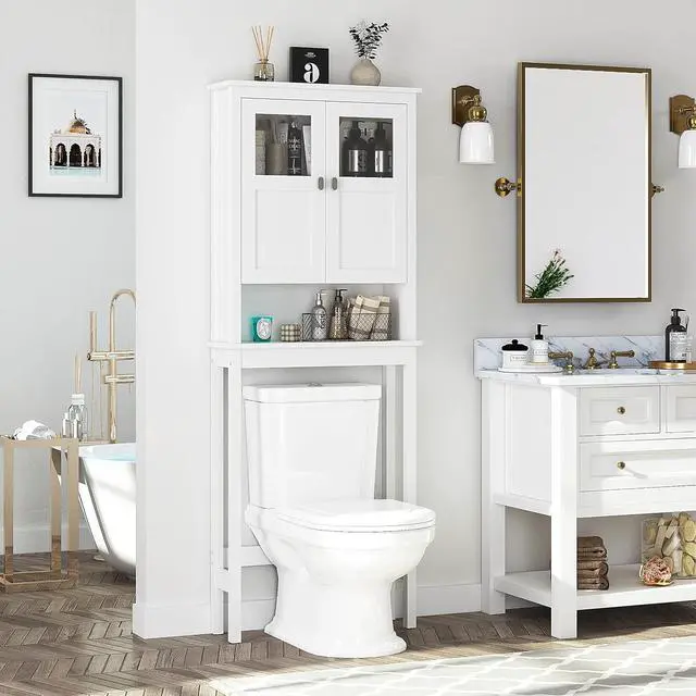 Alt view image 4 of 7 - Modern Over-Toilet Storage Cabinet with Tempered Glass Doors, Adjustable Shelf and Anti-Tip Device, Wooden Space-Saving Bathroom Organizer for Tight Spaces White