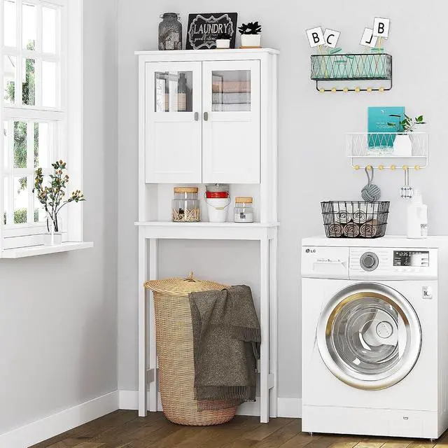 Alt view image 7 of 7 - Modern Over-Toilet Storage Cabinet with Tempered Glass Doors, Adjustable Shelf and Anti-Tip Device, Wooden Space-Saving Bathroom Organizer for Tight Spaces White