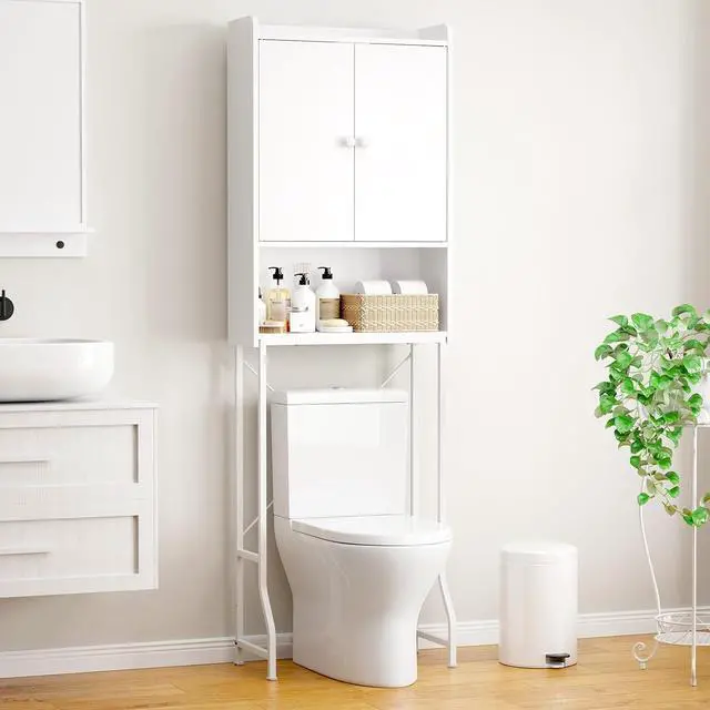 Main image of 3-Tier White Freestanding Over Toilet Storage Cabinet, Wooden Metal Bathroom Organizer with Adjustable Shelf, Magnetic Dustproof Doors and Anti-Tip Structure, Space Saving Storage Unit for Bathroom