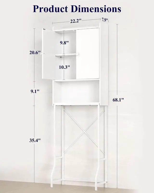 Alt view image 2 of 7 - 3-Tier White Freestanding Over Toilet Storage Cabinet, Wooden Metal Bathroom Organizer with Adjustable Shelf, Magnetic Dustproof Doors and Anti-Tip Structure, Space Saving Storage Unit for Bathroom