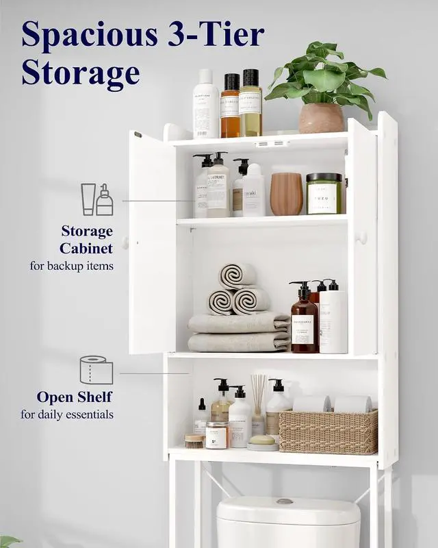 Alt view image 3 of 7 - 3-Tier White Freestanding Over Toilet Storage Cabinet, Wooden Metal Bathroom Organizer with Adjustable Shelf, Magnetic Dustproof Doors and Anti-Tip Structure, Space Saving Storage Unit for Bathroom