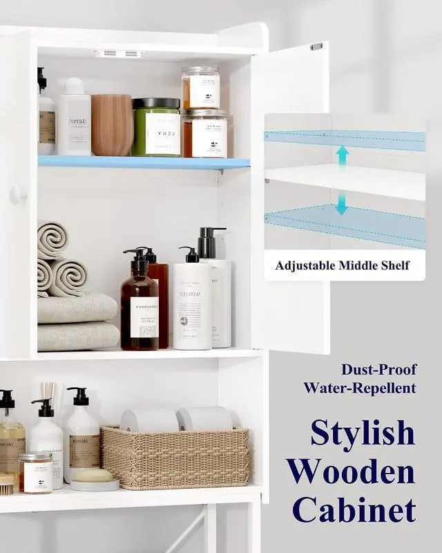 Alt view image 4 of 7 - 3-Tier White Freestanding Over Toilet Storage Cabinet, Wooden Metal Bathroom Organizer with Adjustable Shelf, Magnetic Dustproof Doors and Anti-Tip Structure, Space Saving Storage Unit for Bathroom