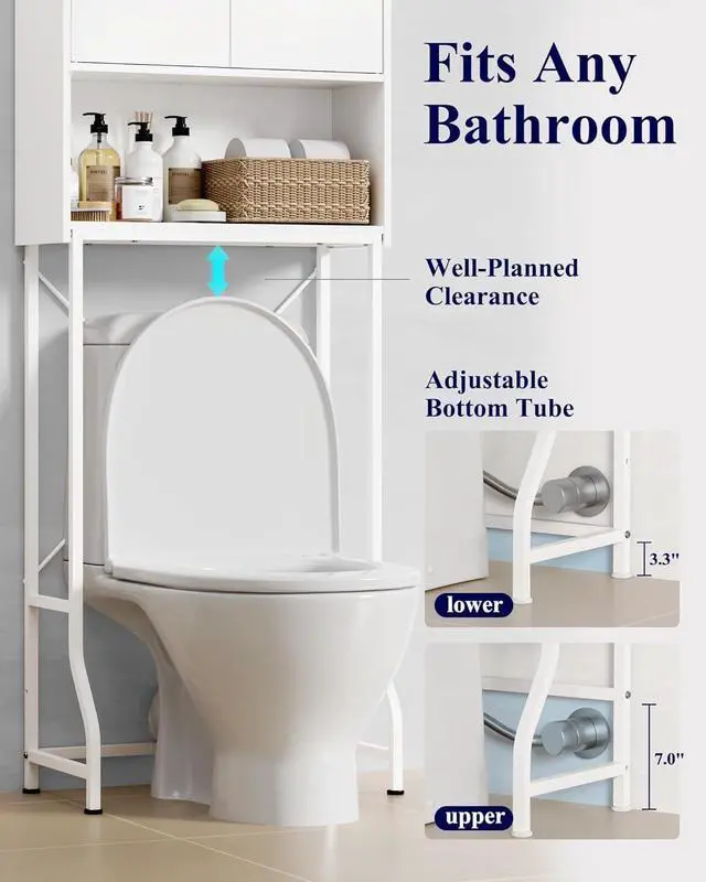 Alt view image 5 of 7 - 3-Tier White Freestanding Over Toilet Storage Cabinet, Wooden Metal Bathroom Organizer with Adjustable Shelf, Magnetic Dustproof Doors and Anti-Tip Structure, Space Saving Storage Unit for Bathroom