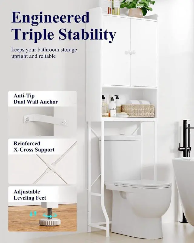 Alt view image 6 of 7 - 3-Tier White Freestanding Over Toilet Storage Cabinet, Wooden Metal Bathroom Organizer with Adjustable Shelf, Magnetic Dustproof Doors and Anti-Tip Structure, Space Saving Storage Unit for Bathroom