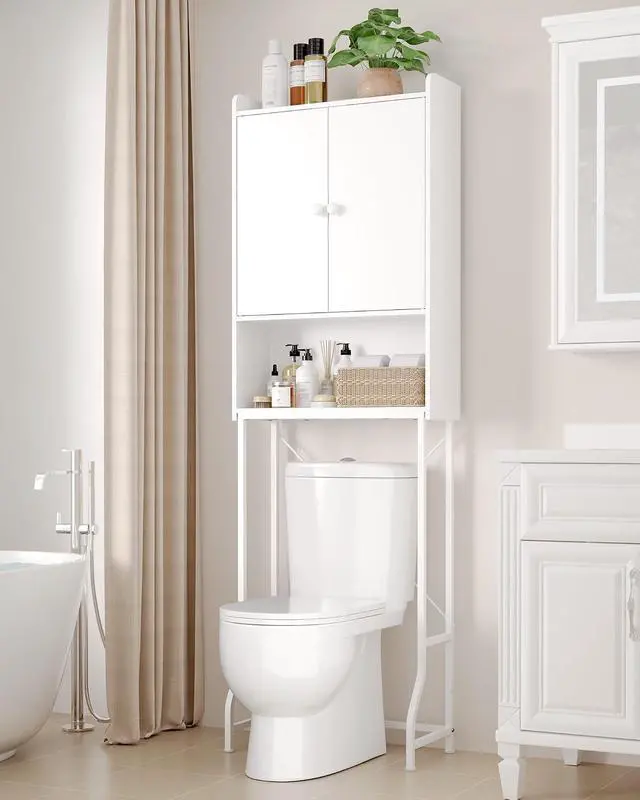 Alt view image 7 of 7 - 3-Tier White Freestanding Over Toilet Storage Cabinet, Wooden Metal Bathroom Organizer with Adjustable Shelf, Magnetic Dustproof Doors and Anti-Tip Structure, Space Saving Storage Unit for Bathroom