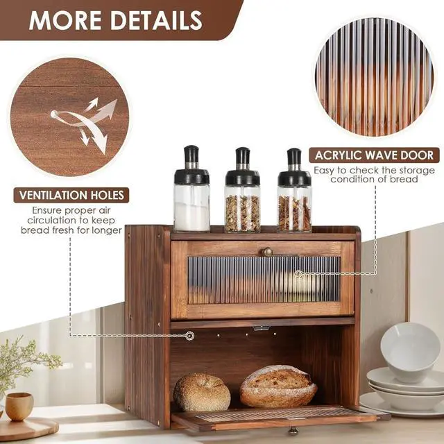 Alt view image 2 of 7 - 2 Layer Wooden Bread Box with Acrylic Window for Kitchen Countertop, Large Capacity Vintage Farmhouse Bread Storage Container with Air Vents Magnetic Door