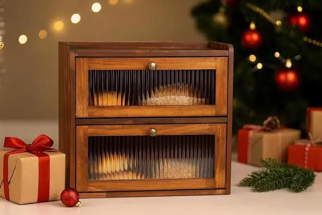 Alt view image 3 of 7 - 2 Layer Wooden Bread Box with Acrylic Window for Kitchen Countertop, Large Capacity Vintage Farmhouse Bread Storage Container with Air Vents Magnetic Door
