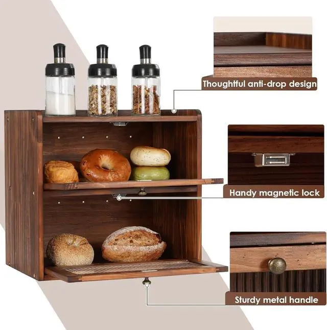 Alt view image 4 of 7 - 2 Layer Wooden Bread Box with Acrylic Window for Kitchen Countertop, Large Capacity Vintage Farmhouse Bread Storage Container with Air Vents Magnetic Door