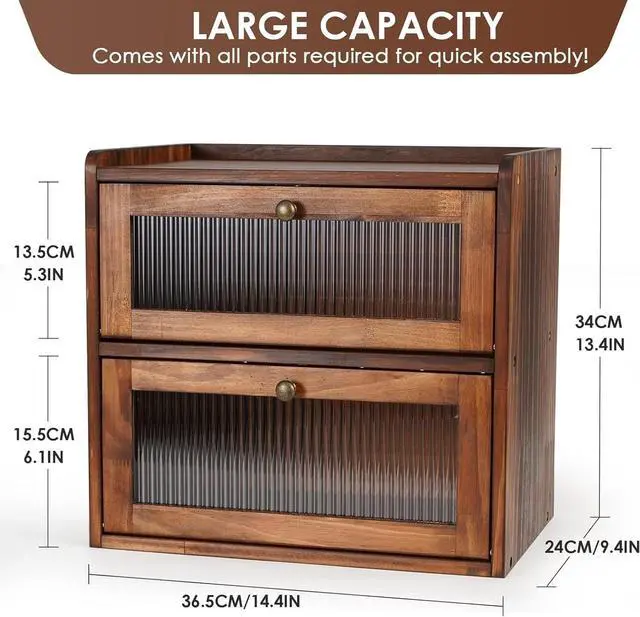 Alt view image 5 of 7 - 2 Layer Wooden Bread Box with Acrylic Window for Kitchen Countertop, Large Capacity Vintage Farmhouse Bread Storage Container with Air Vents Magnetic Door