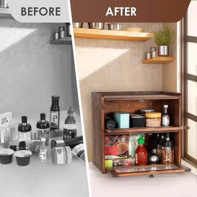 Alt view image 7 of 7 - 2 Layer Wooden Bread Box with Acrylic Window for Kitchen Countertop, Large Capacity Vintage Farmhouse Bread Storage Container with Air Vents Magnetic Door