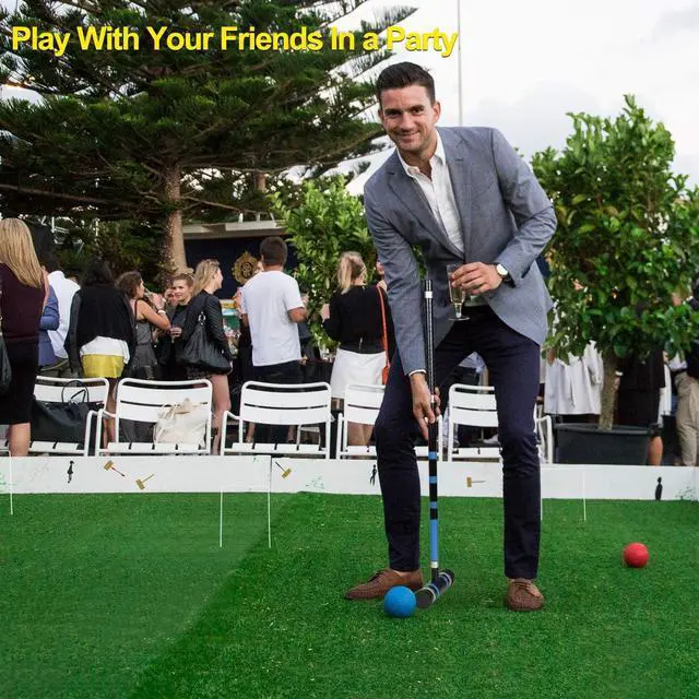 Alt view image 2 of 6 - 6 Player Croquet Set 35 Inch Full Printed Wooden Mallets Durable HDPE Balls Portable Yard Game Set with 600D Carrying Bag for Outdoor Lawn Backyard Family Games