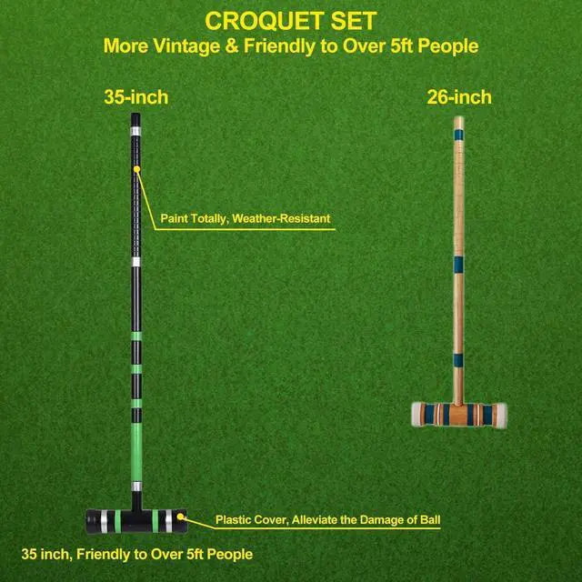 Alt view image 3 of 6 - 6 Player Croquet Set 35 Inch Full Printed Wooden Mallets Durable HDPE Balls Portable Yard Game Set with 600D Carrying Bag for Outdoor Lawn Backyard Family Games