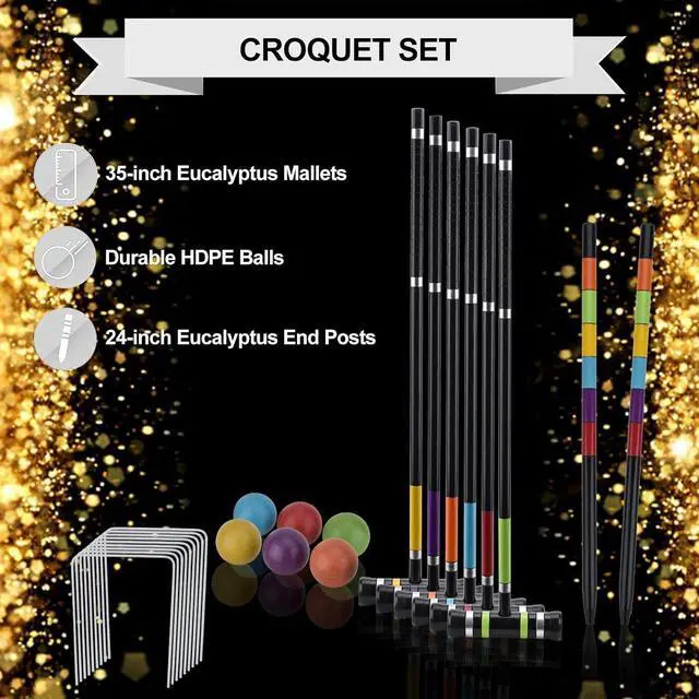 Alt view image 6 of 6 - 6 Player Croquet Set 35 Inch Full Printed Wooden Mallets Durable HDPE Balls Portable Yard Game Set with 600D Carrying Bag for Outdoor Lawn Backyard Family Games