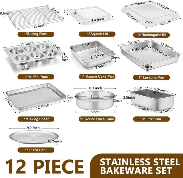 Alt view image 2 of 7 - 12-Piece Stainless Steel Bakeware Set with Baking Sheet, Rack, Lids and Assorted Pans, Oven Dishwasher Freezer Safe for Home Baking and Food Storage