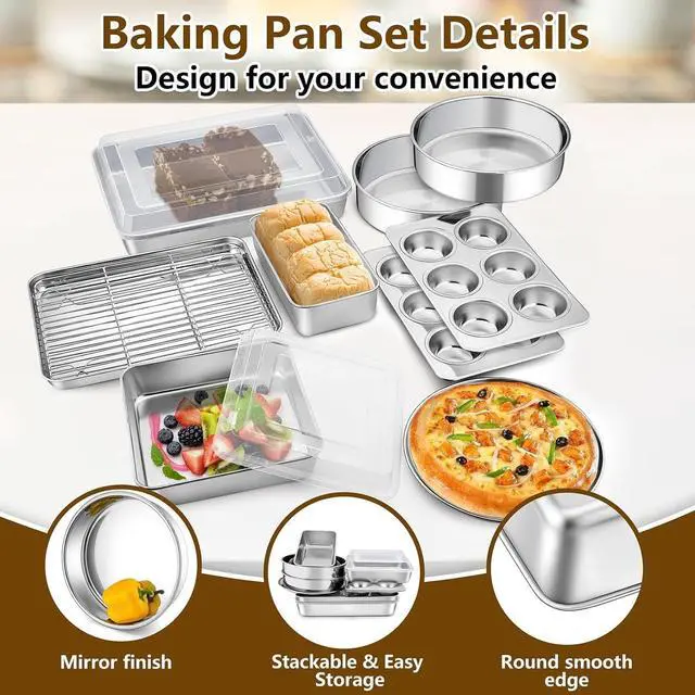 Alt view image 3 of 7 - 12-Piece Stainless Steel Bakeware Set with Baking Sheet, Rack, Lids and Assorted Pans, Oven Dishwasher Freezer Safe for Home Baking and Food Storage