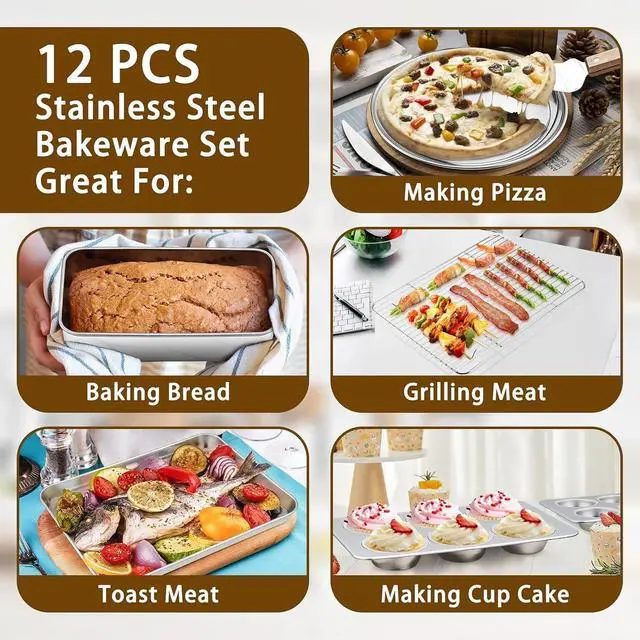 Alt view image 4 of 7 - 12-Piece Stainless Steel Bakeware Set with Baking Sheet, Rack, Lids and Assorted Pans, Oven Dishwasher Freezer Safe for Home Baking and Food Storage
